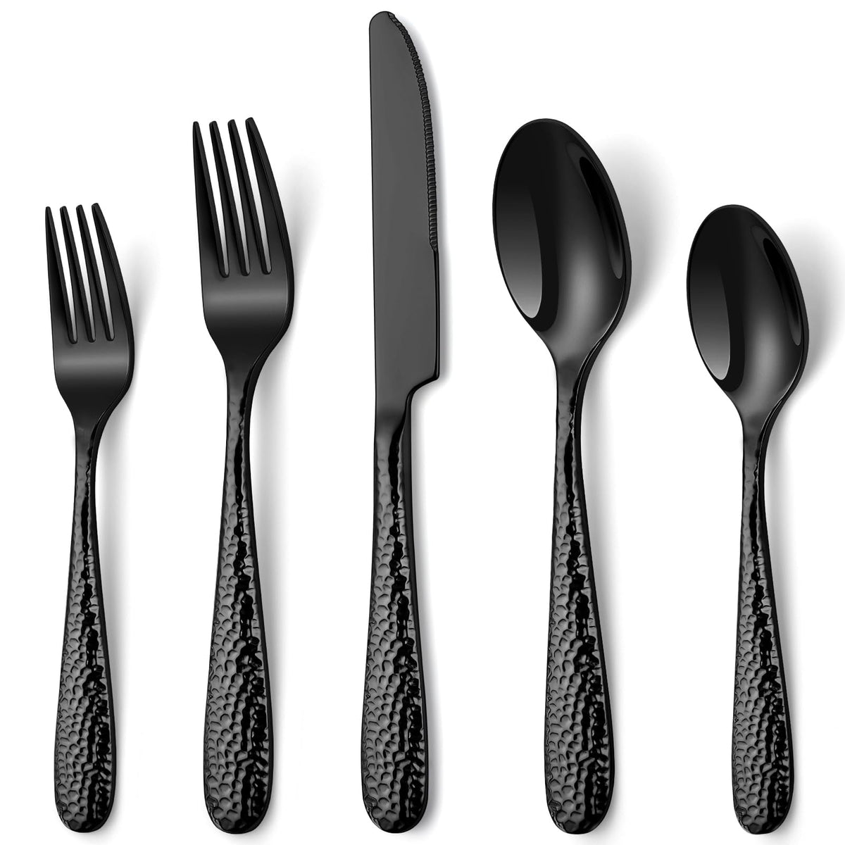 EUIRIO juego cubiertos negro martillado para 8 comensales, ideal cena familiar elegante.