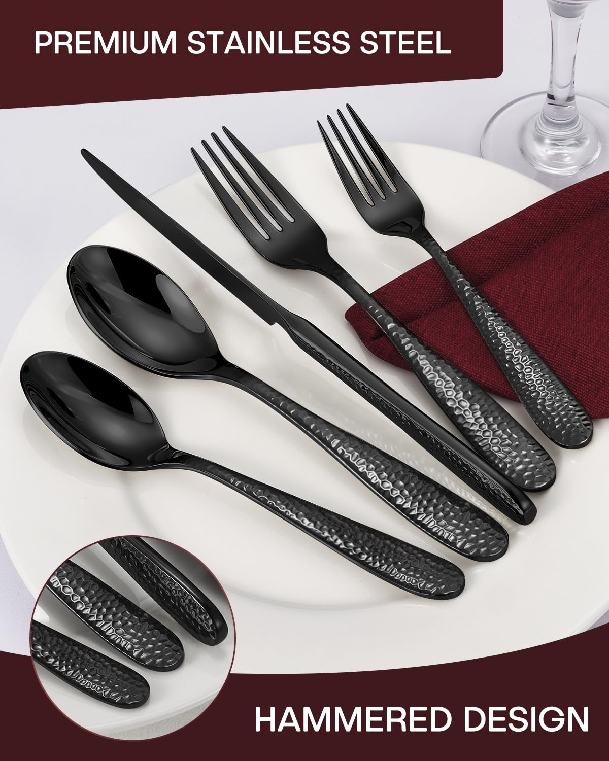 EUIRIO set cubiertos 40 piezas, diseño martillado que aporta presencia en cenas familiares.