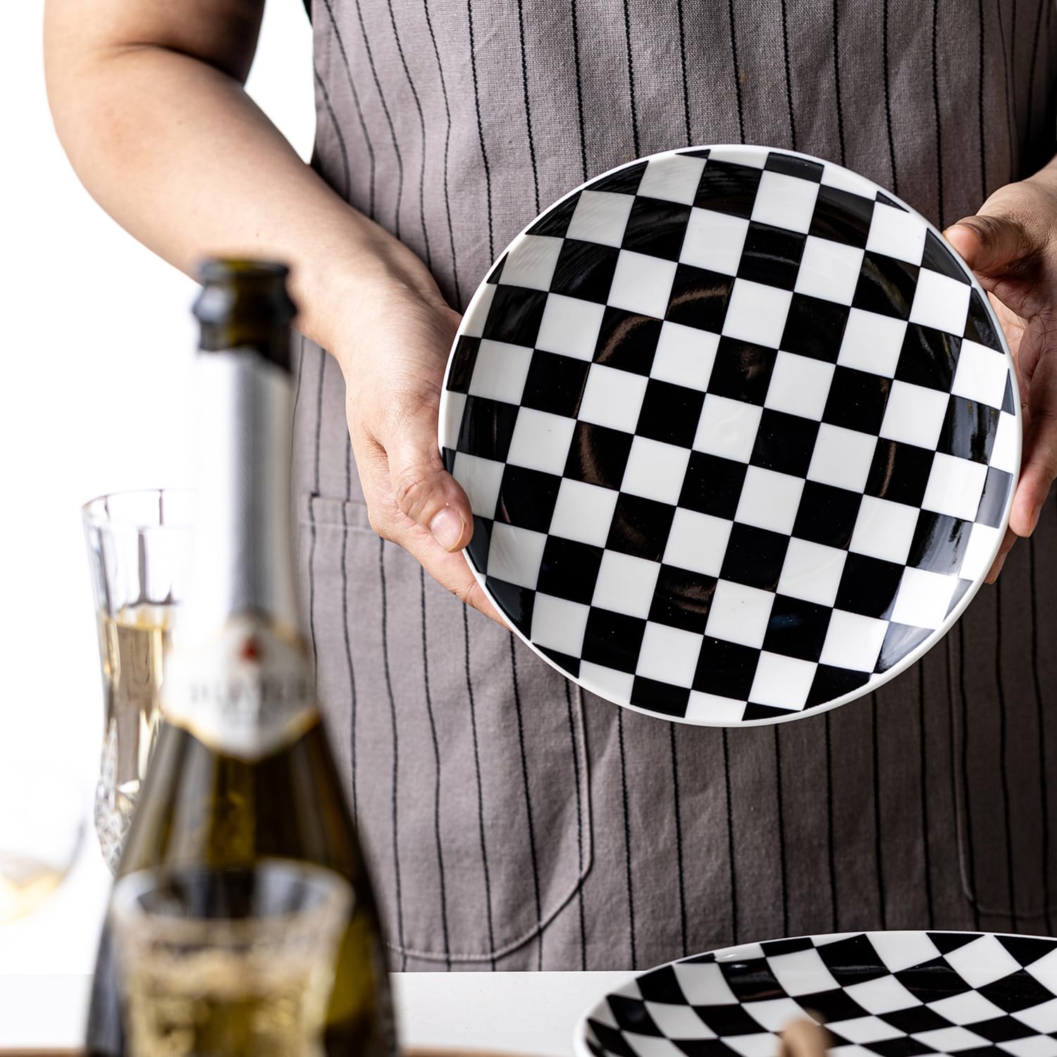 Platos decorativos de cerámica Euisail con cuadros negro-blanco para estantería.