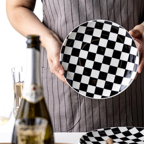 Platos decorativos de cerámica Euisail con cuadros negro-blanco para estantería.