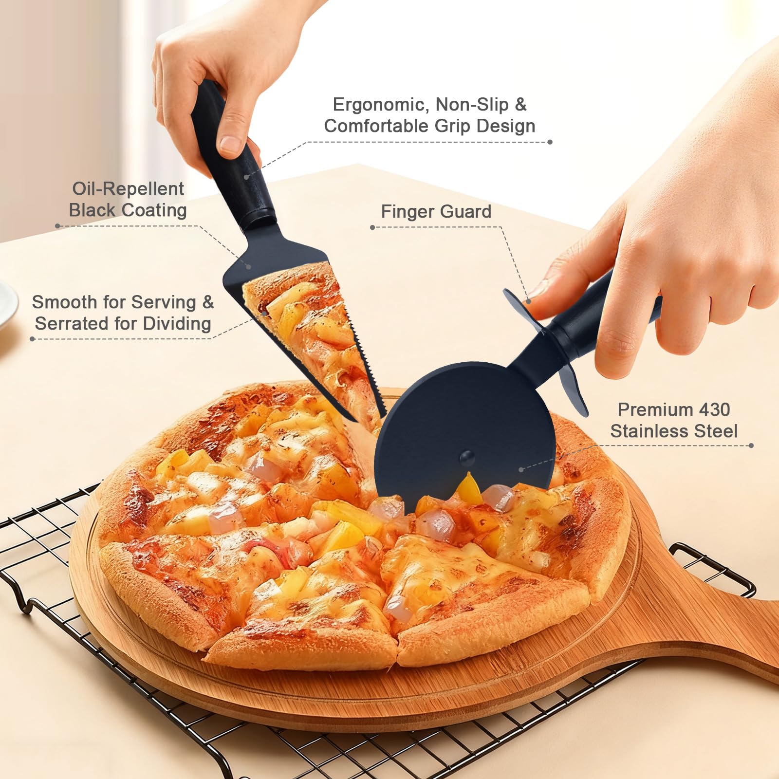 Protección de dedo EUMUU para seguridad al cortar pizzas y masas.