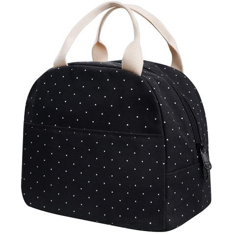 EurCross bolsa de almuerzo compacta negra con lunares, ideal para movilidad diaria.