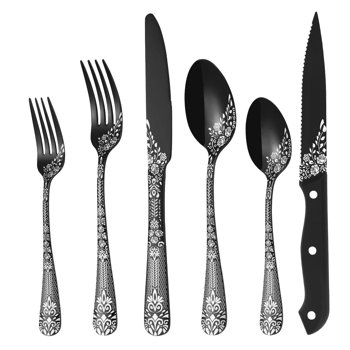 Cubiertos negros EUIRIO de 48 piezas para mesa elegante y formal.