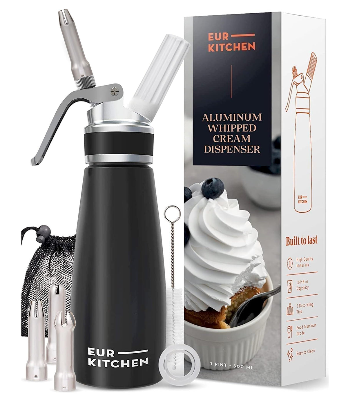 Dispensador EurKitchen de crema batida en aluminio para uso profesional en casa.