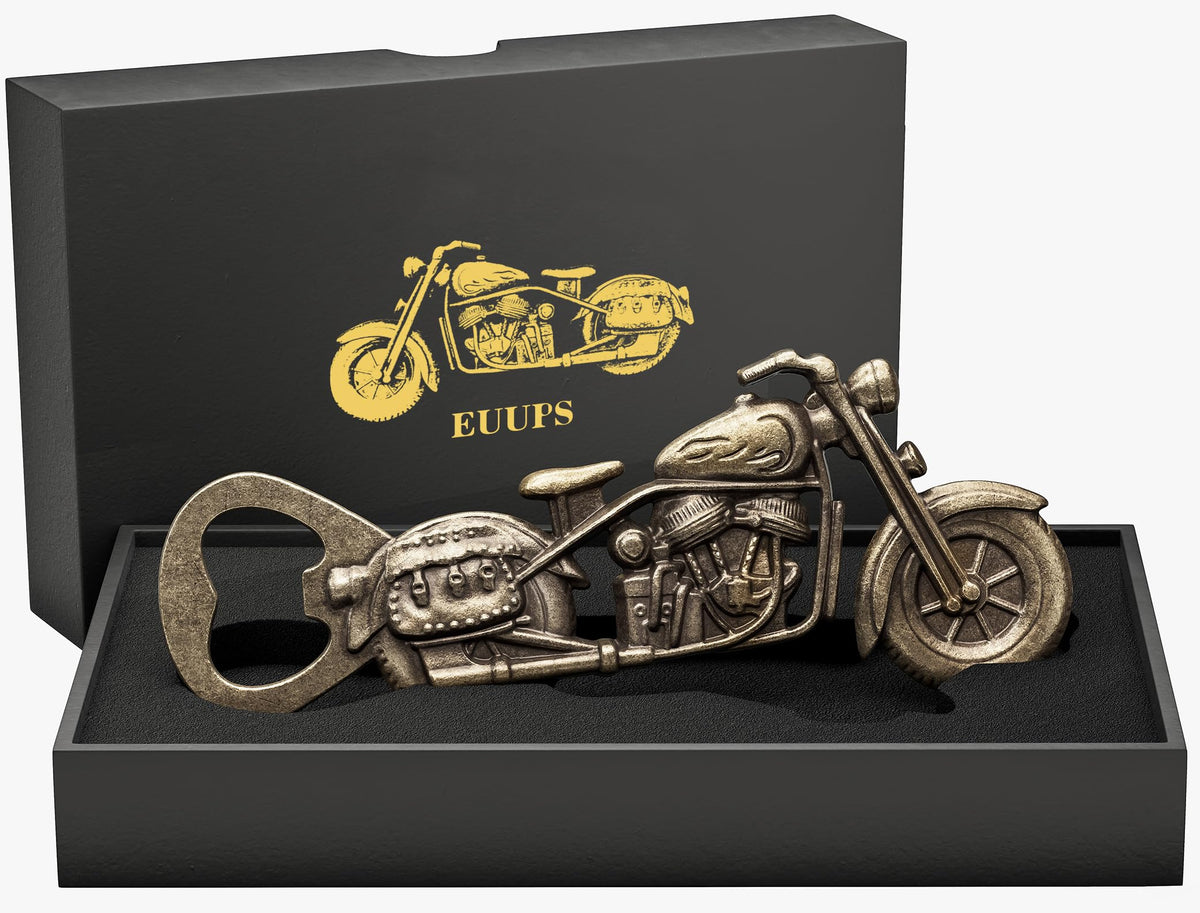 EUUPS abrebotellas motocicleta vintage en mano, cómodo para uso diario.