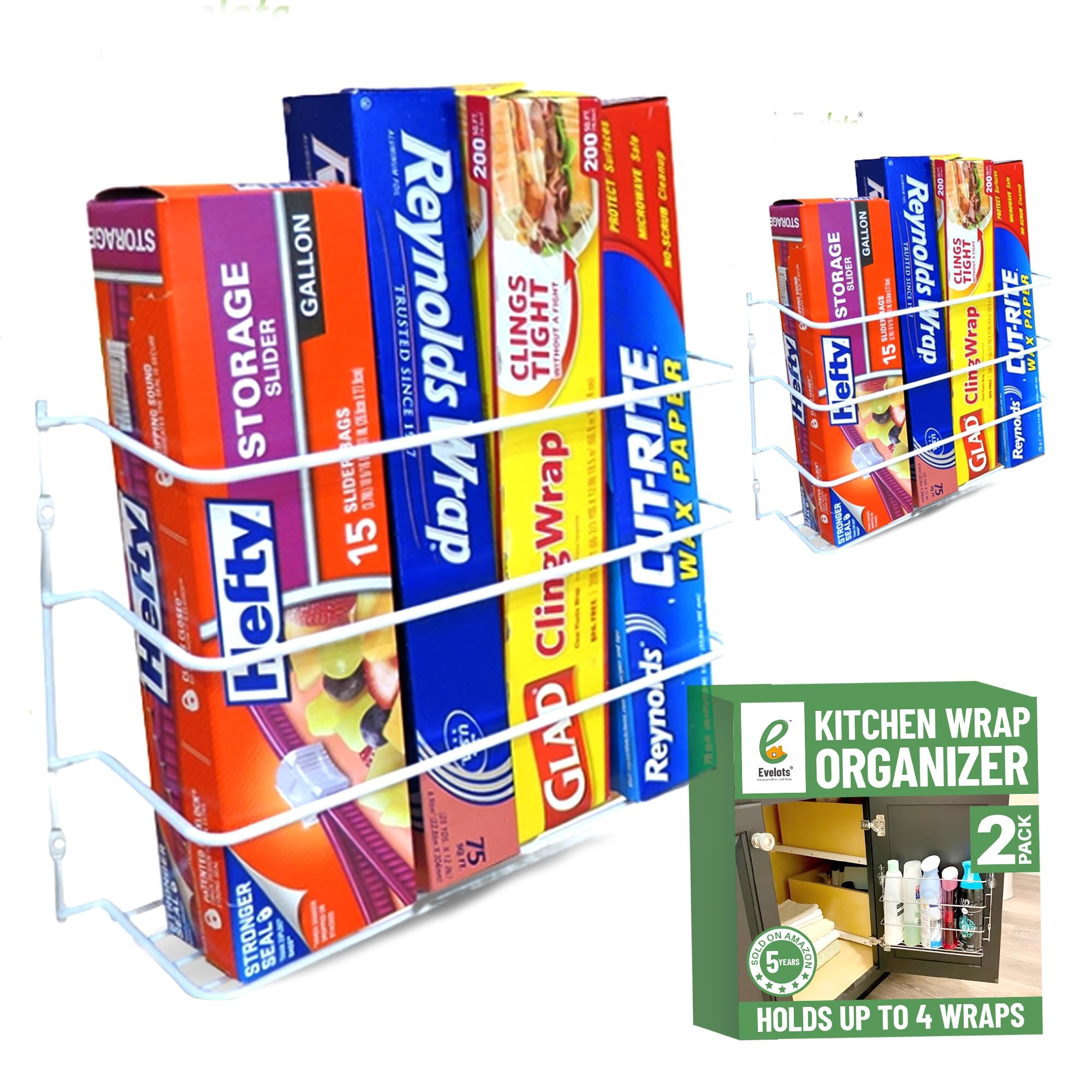Organizador Evelots para envolturas de cocina, doble juego, ahorro de espacio.
