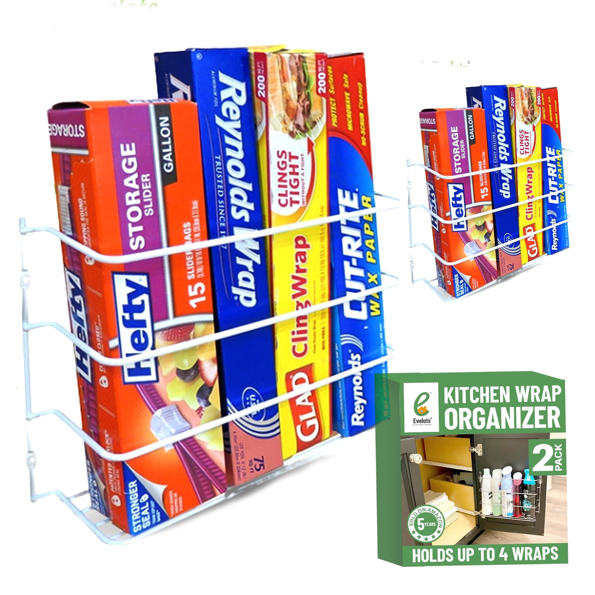 Organizador Evelots para envolturas de cocina, doble juego, ahorro de espacio.
