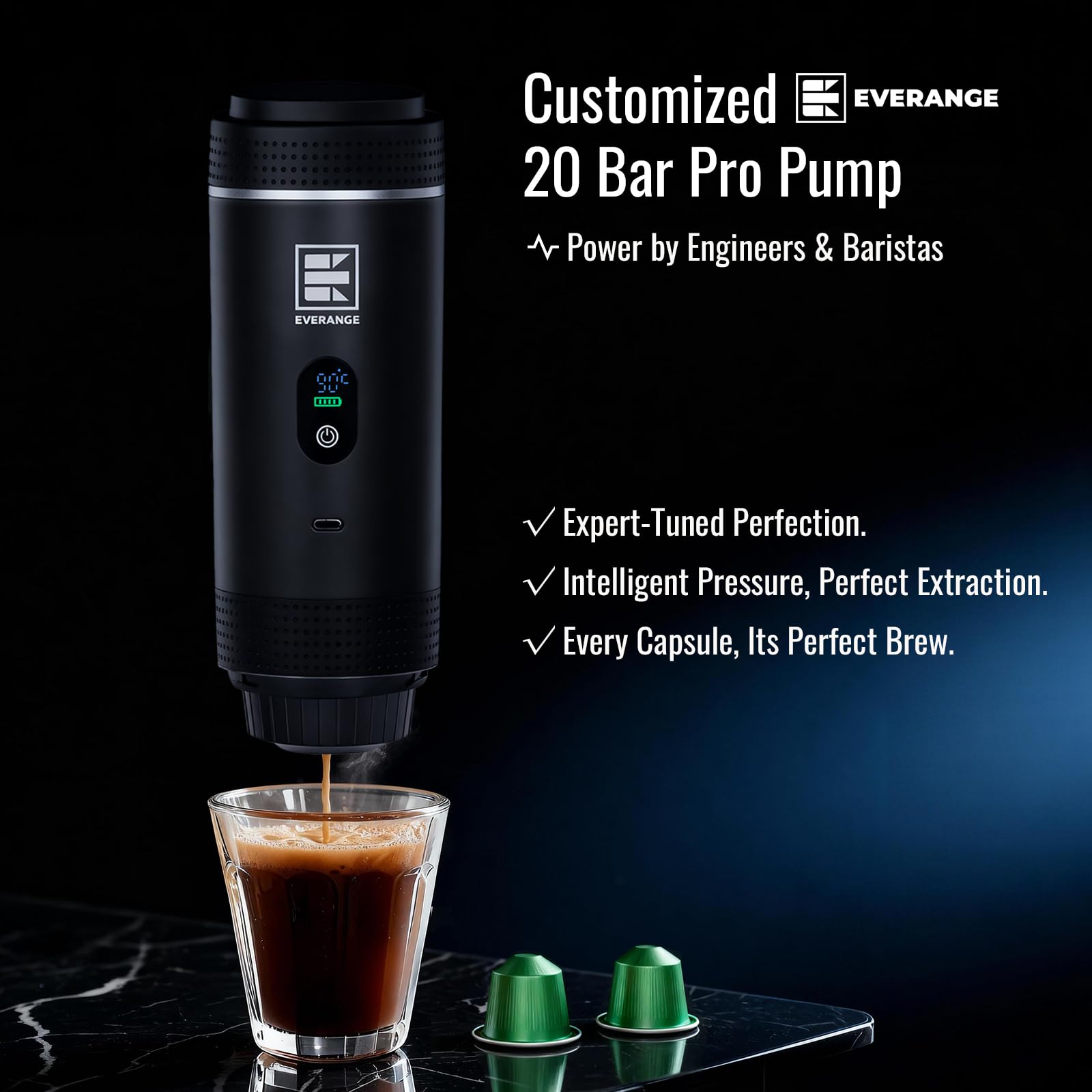 Everange sistema de calentamiento automático en minutos para espresso intenso en cualquier lugar.