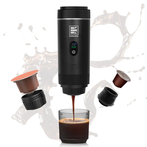 Everange máquina espresso portátil con frontal negro y pantalla para café rápido en ruta.