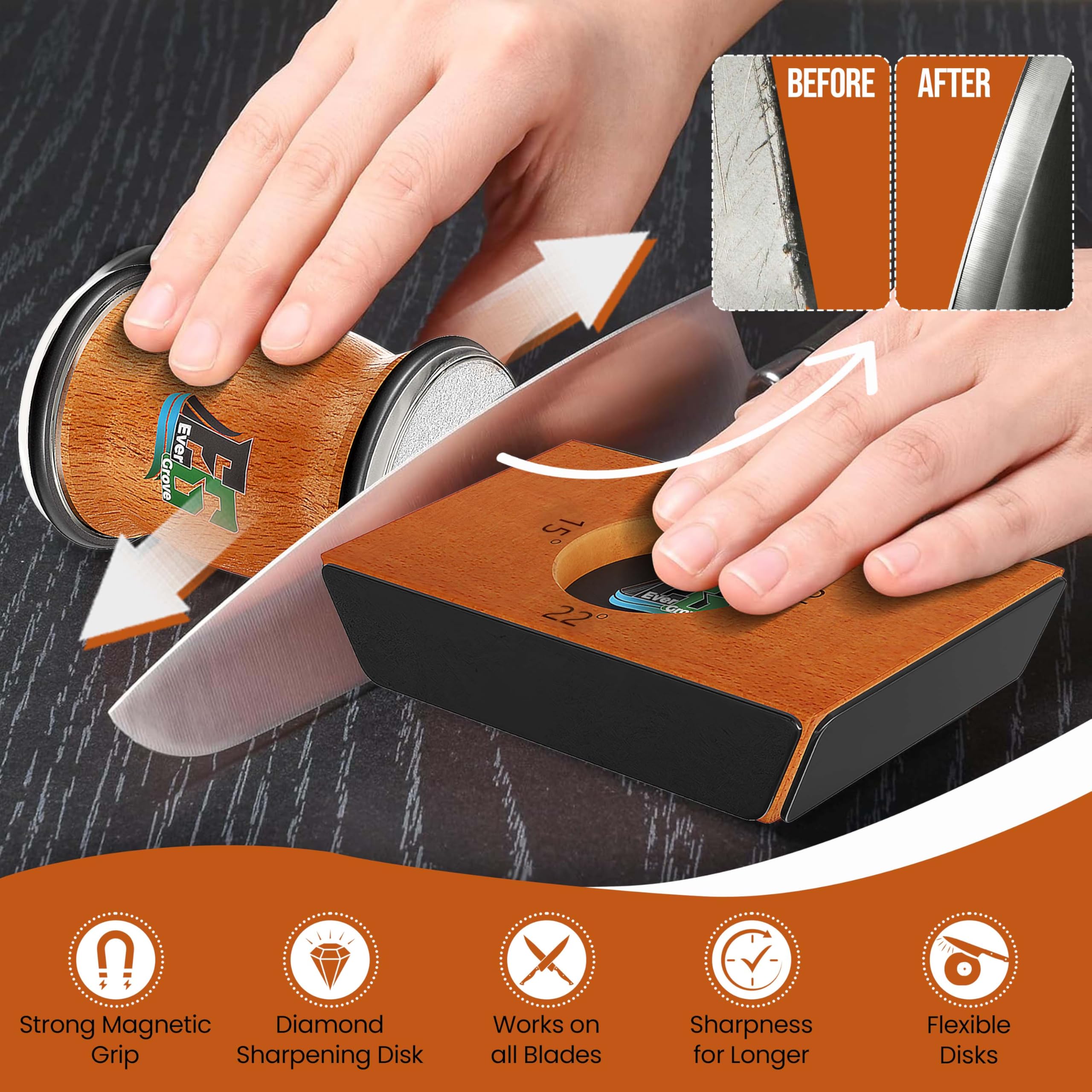 Base magnética de madera de EverGrove que mantiene seguro el cuchillo