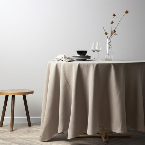 Mantel redondo Everly en lino natural de 70 pulgadas, ideal para eventos.