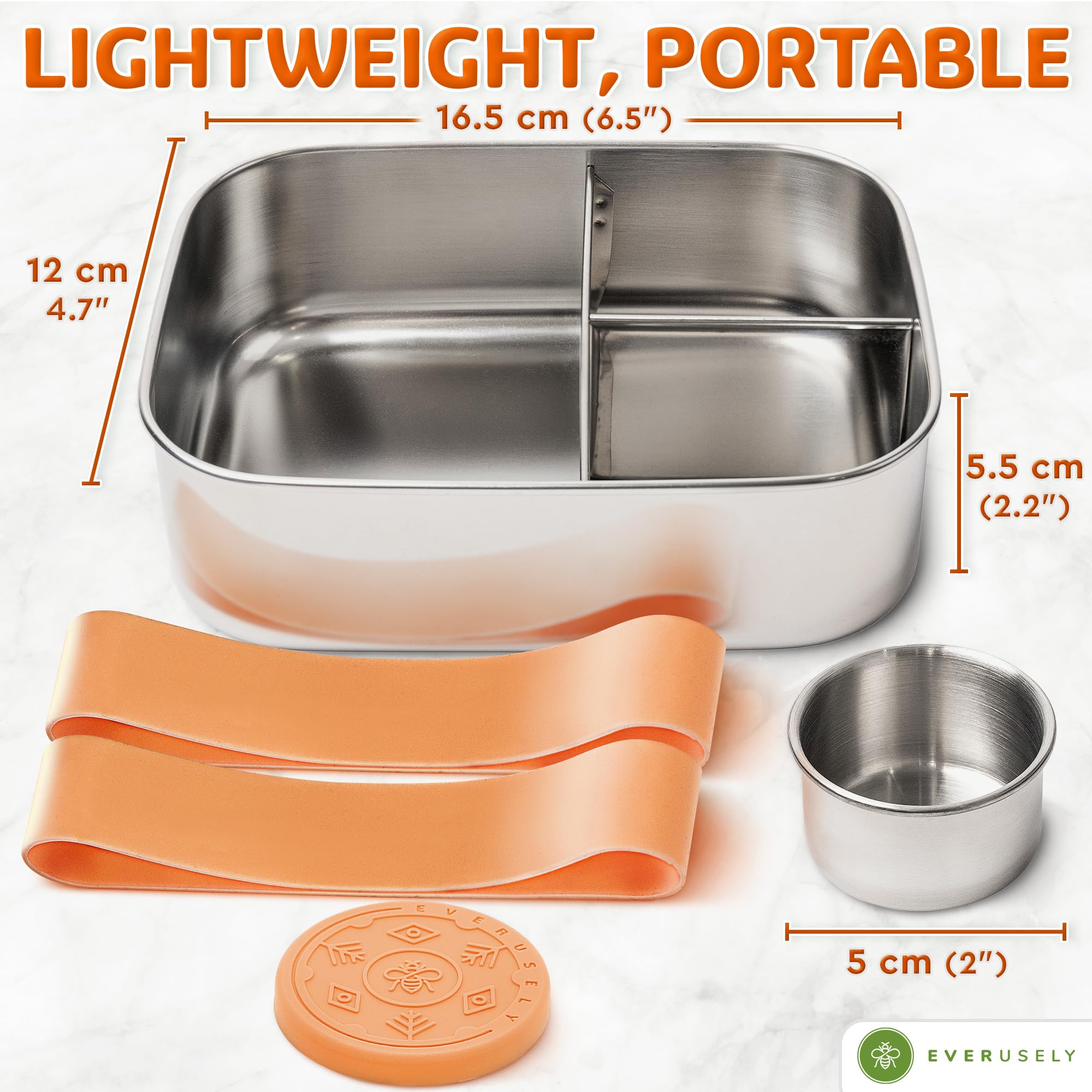 Everusely Bento Box con 3 compartimentos, ideal para separar plato principal, guarnición y postre.