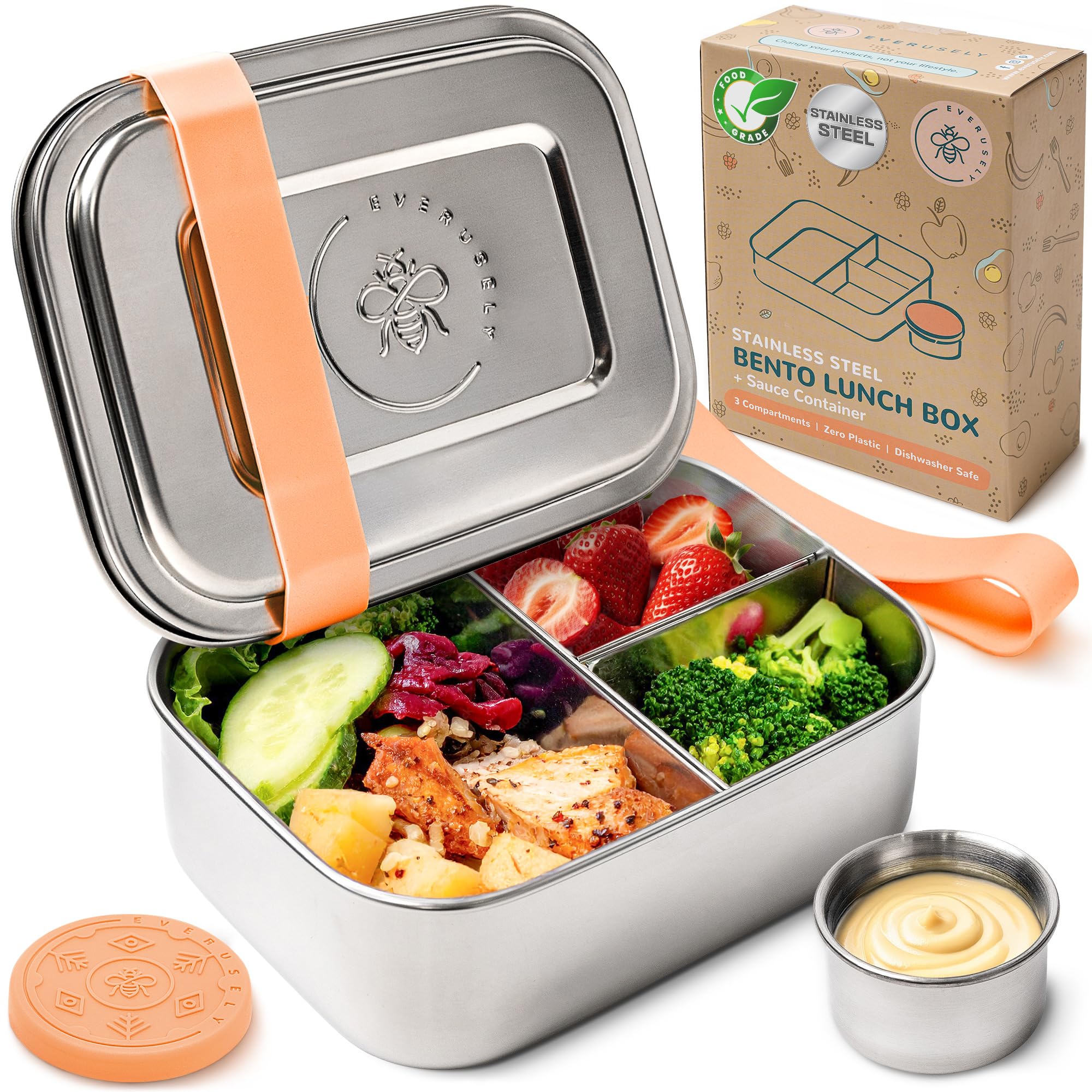 Everusely Bento Box naranja 27oz, resistente para comidas diarias en la oficina.