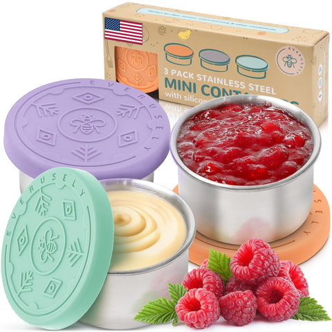 Everusely tazas para condimentos 3-pack con tapas de colores para distinguir salsas.