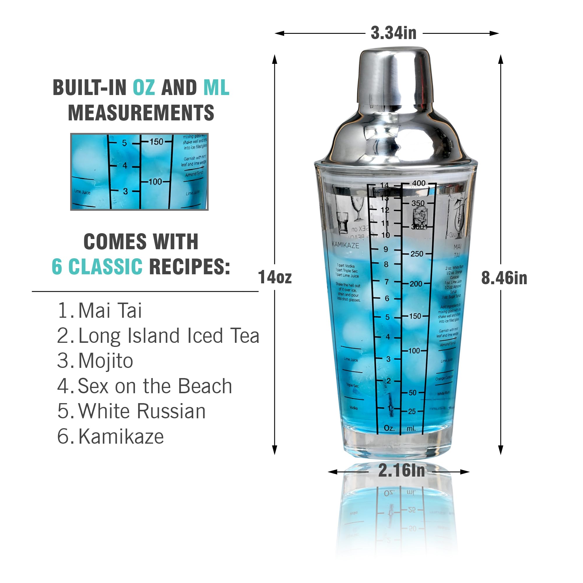 Marcas de medición transparentes en la coctelera Everyday Cocktail para porciones precisas.