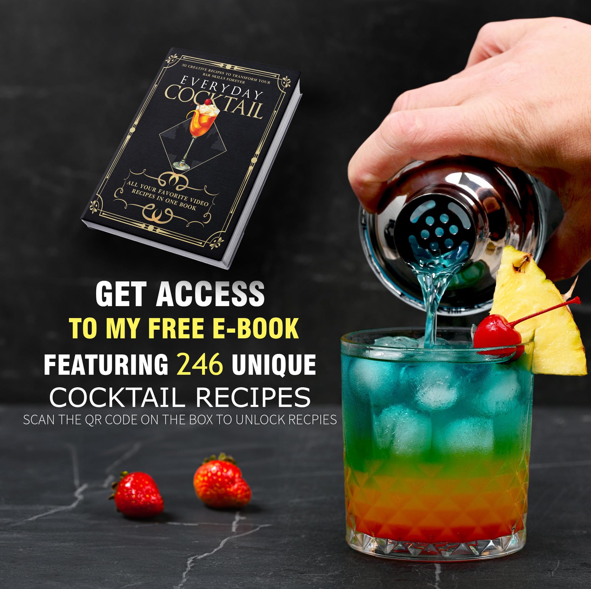 Recetas impresas en el lateral de la coctelera Everyday Cocktail para mezclar rápido.