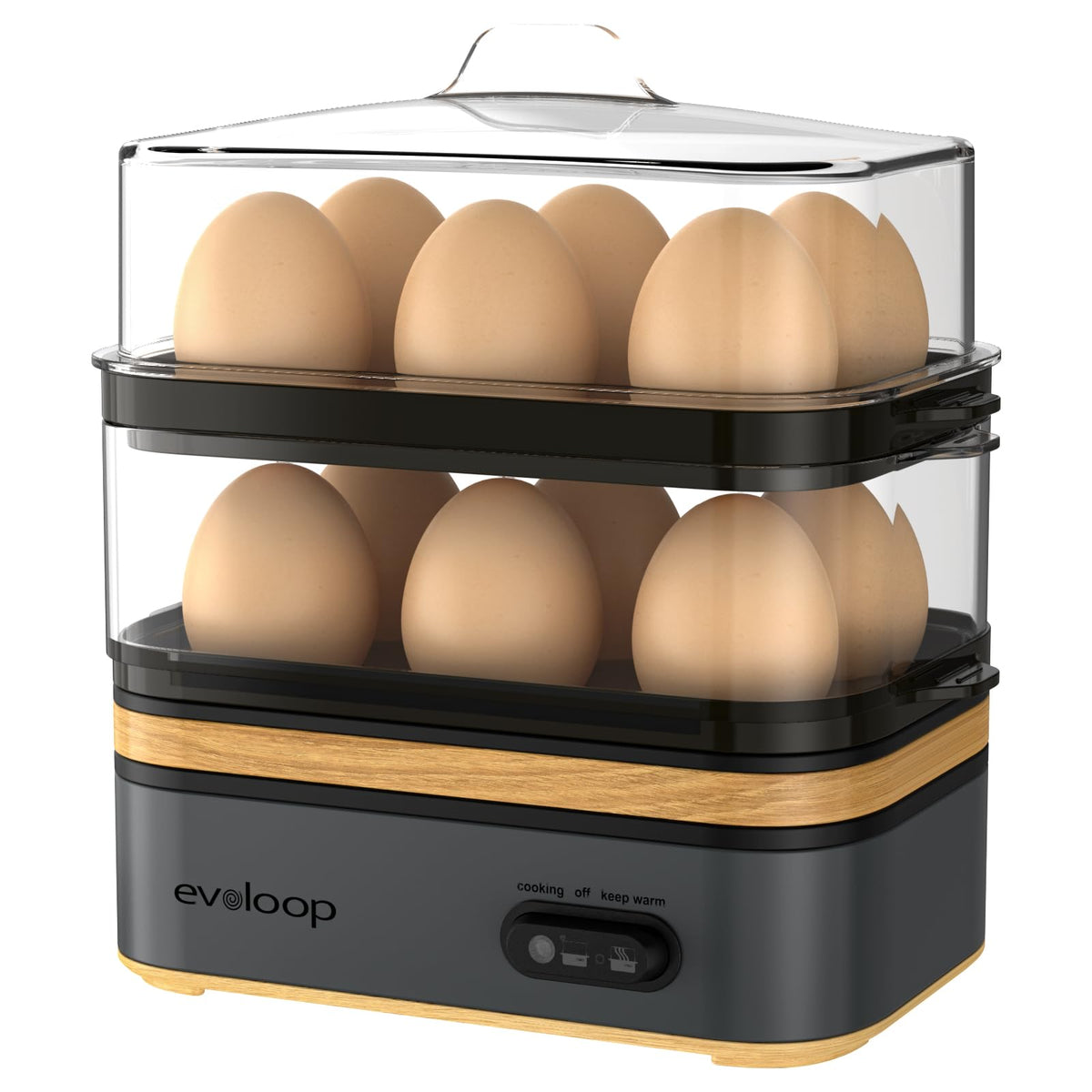 Evoloop cocedor rápido de huevos con capacidad 12, ideal para desayunos.