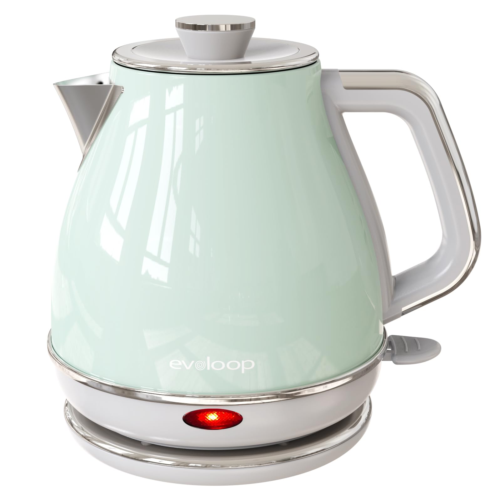 Tetera eléctrica Evoloop 1L frente: diseño retro y acero inoxidable para hervir con seguridad.