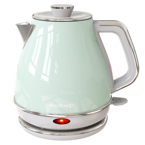 Tetera eléctrica Evoloop 1L frente: diseño retro y acero inoxidable para hervir con seguridad.