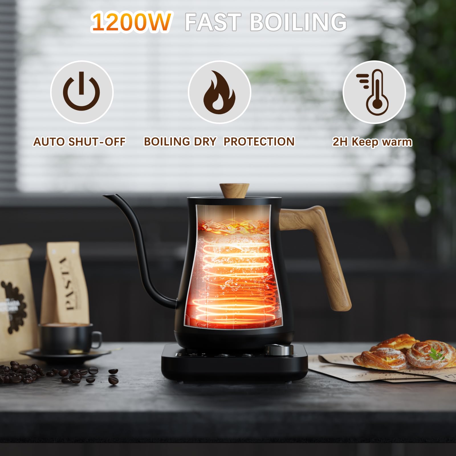 Evoloop hervidor con conmutador de temperatura °F/°C para seguir recetas con precisión.