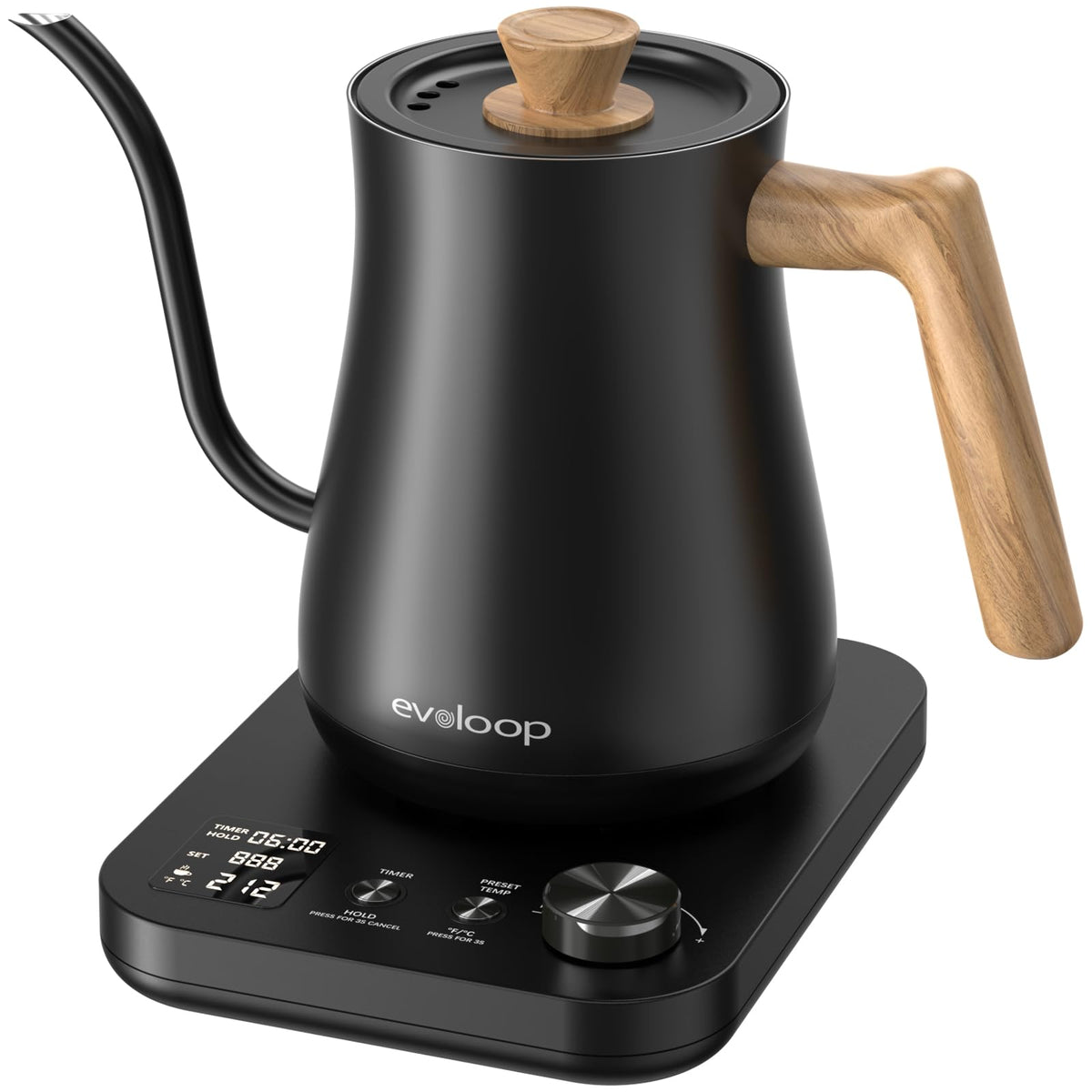 Evoloop hervidor pico curvo frontal facilita vertidos precisos para café de filtrado.