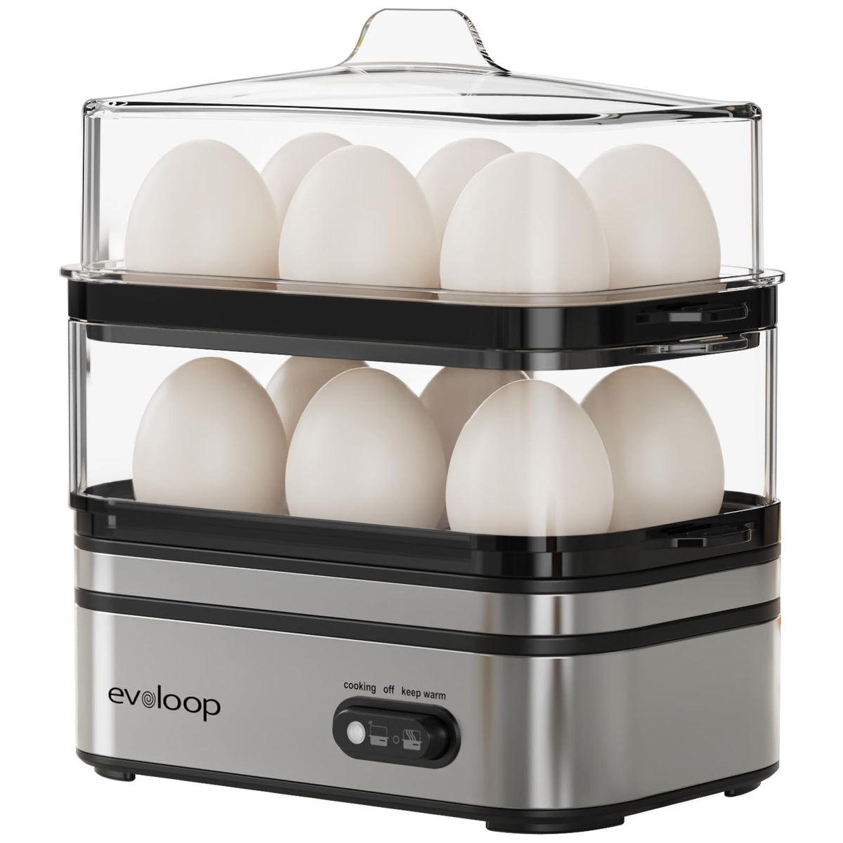 Evoloop Rapid cocedor de huevos para 12, ideal para desayunos rápidos.