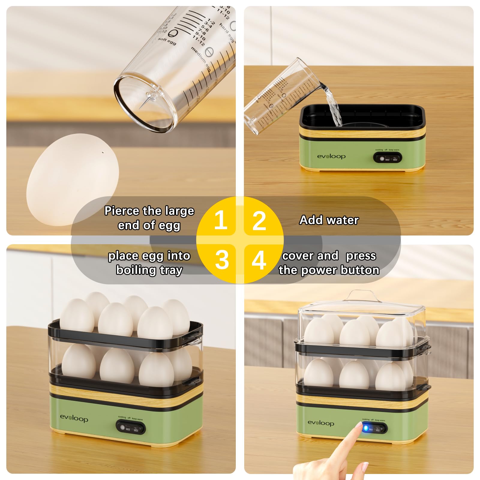 Evoloop cocedor rápido de huevos, bandejas para pochar y tortilla, mayor versatilidad