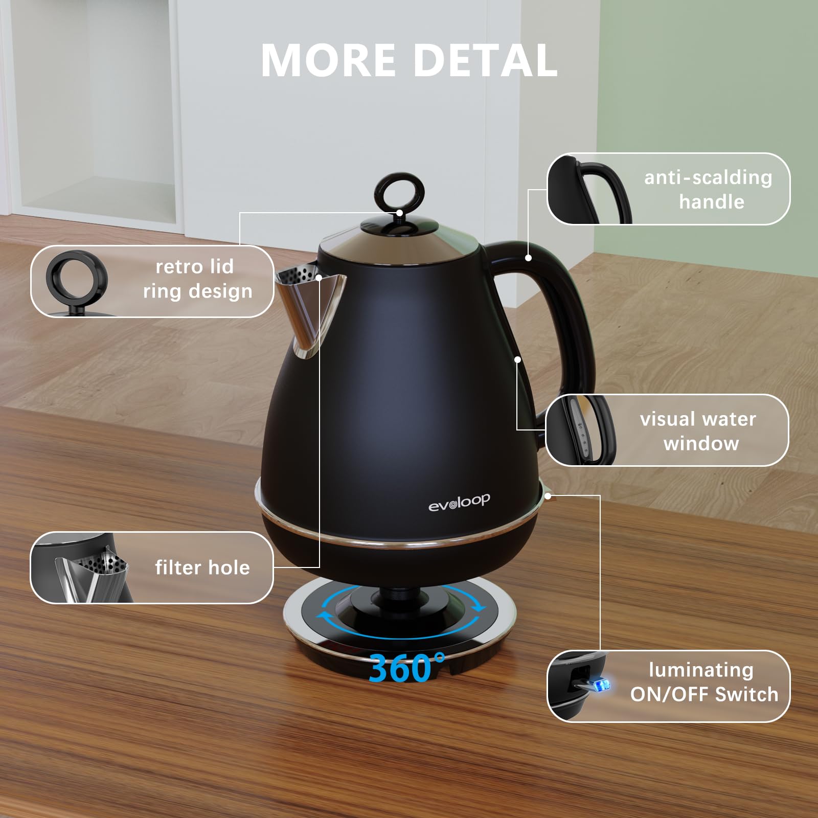 Tetera Evoloop con ventana de nivel de agua para medir fácilmente.