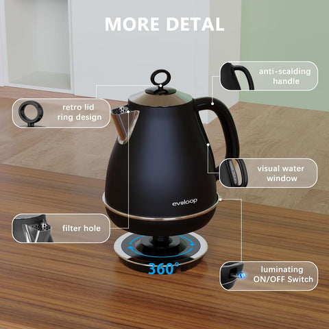 Tetera Evoloop con ventana de nivel de agua para medir fácilmente.