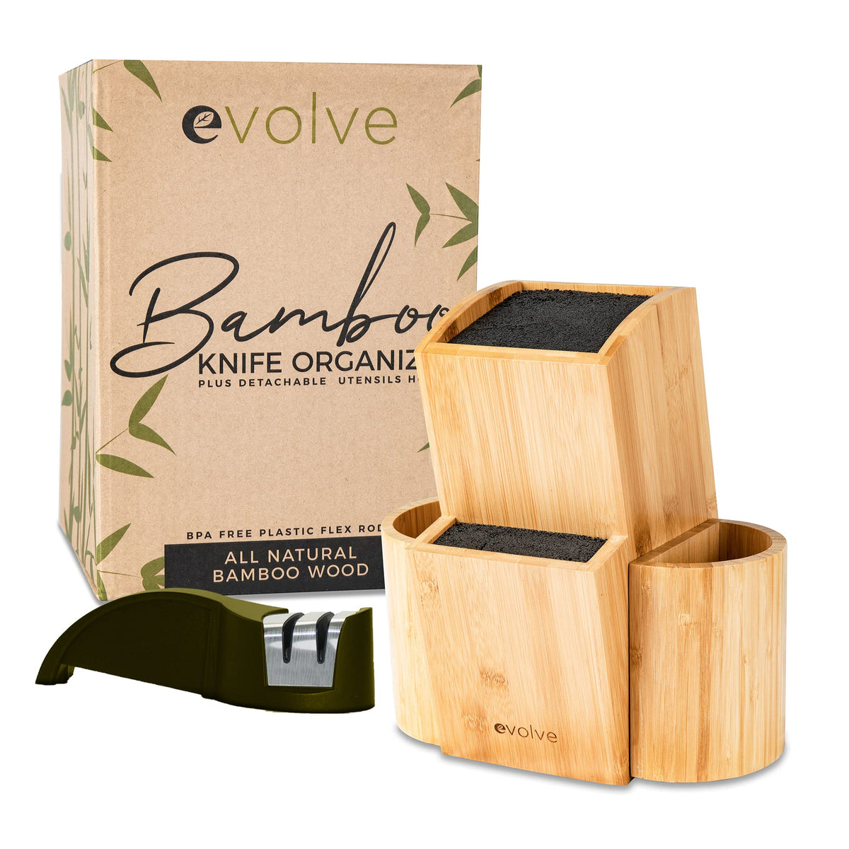EVOLVE bloque de cuchillos de bambú universal para cuchillos de hasta 9 pulgadas.