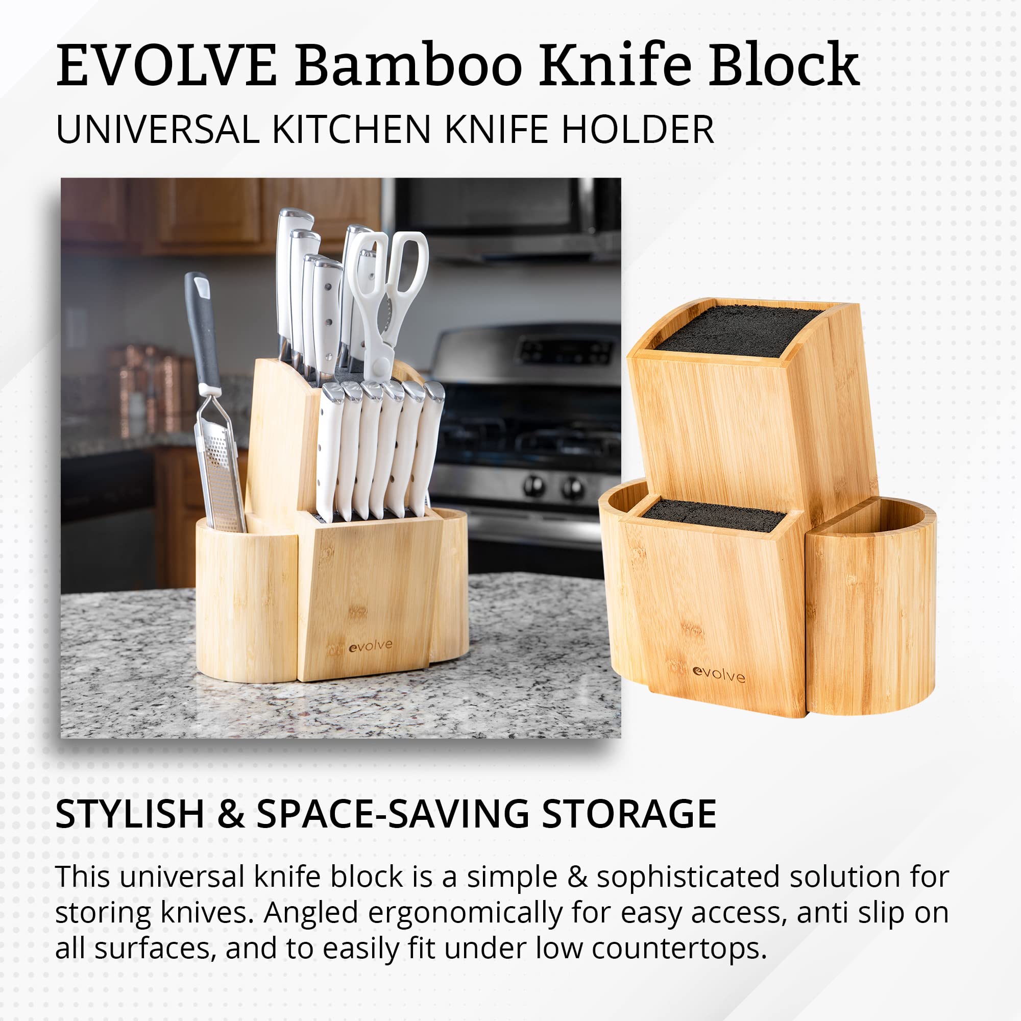 EVOLVE organizador de cuchillos de bambú para cocinas compactas.