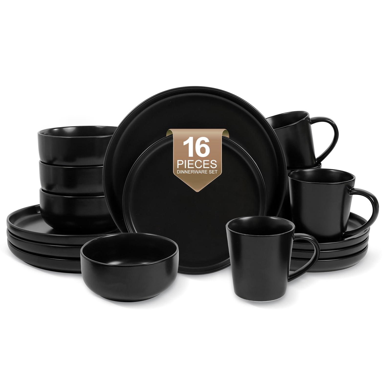 Conjunto EWFEN cerámico 16 piezas en negro, ideal para cenas diarias.