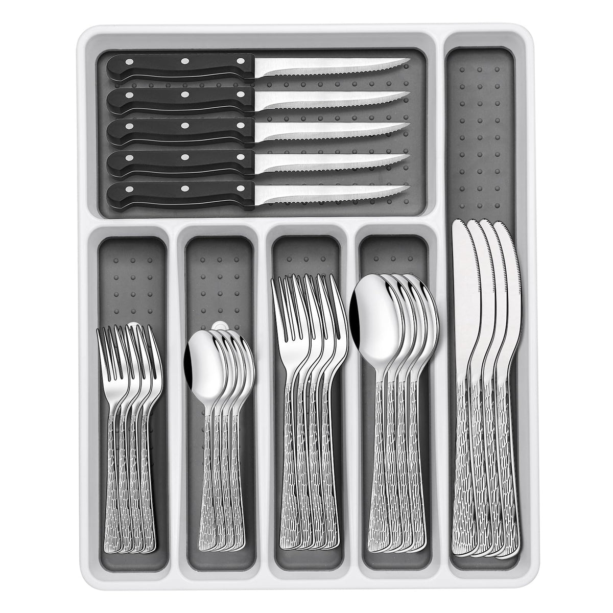 Conjunto cubiertos 49 piezas EWFEN con organizador, ideal para ordenar la mesa.