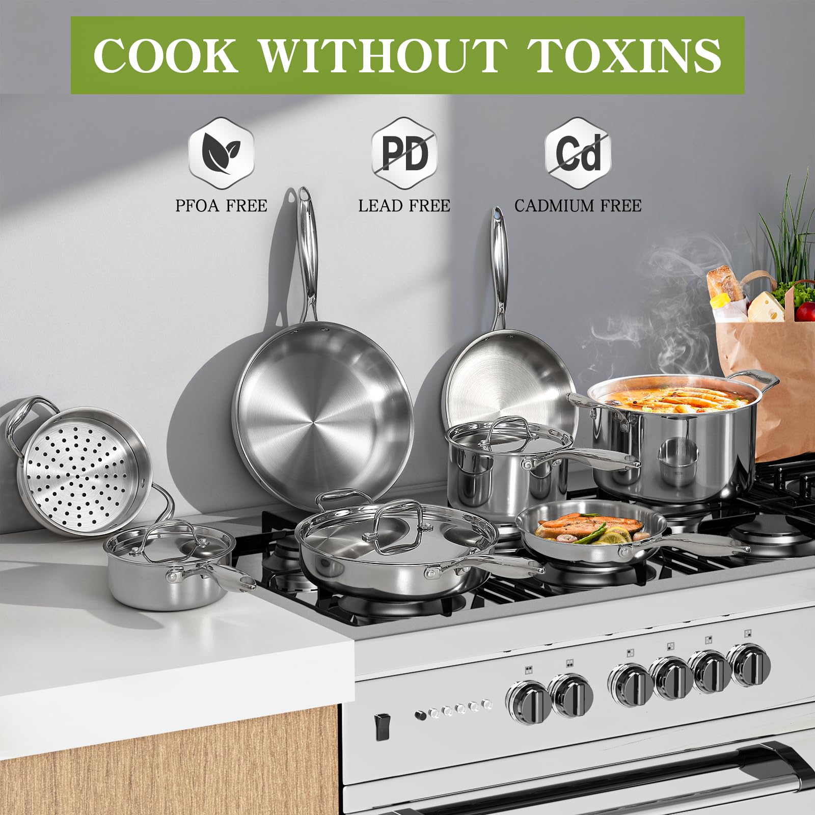 Olla grande con inserto de vapor para cocinar al vapor.