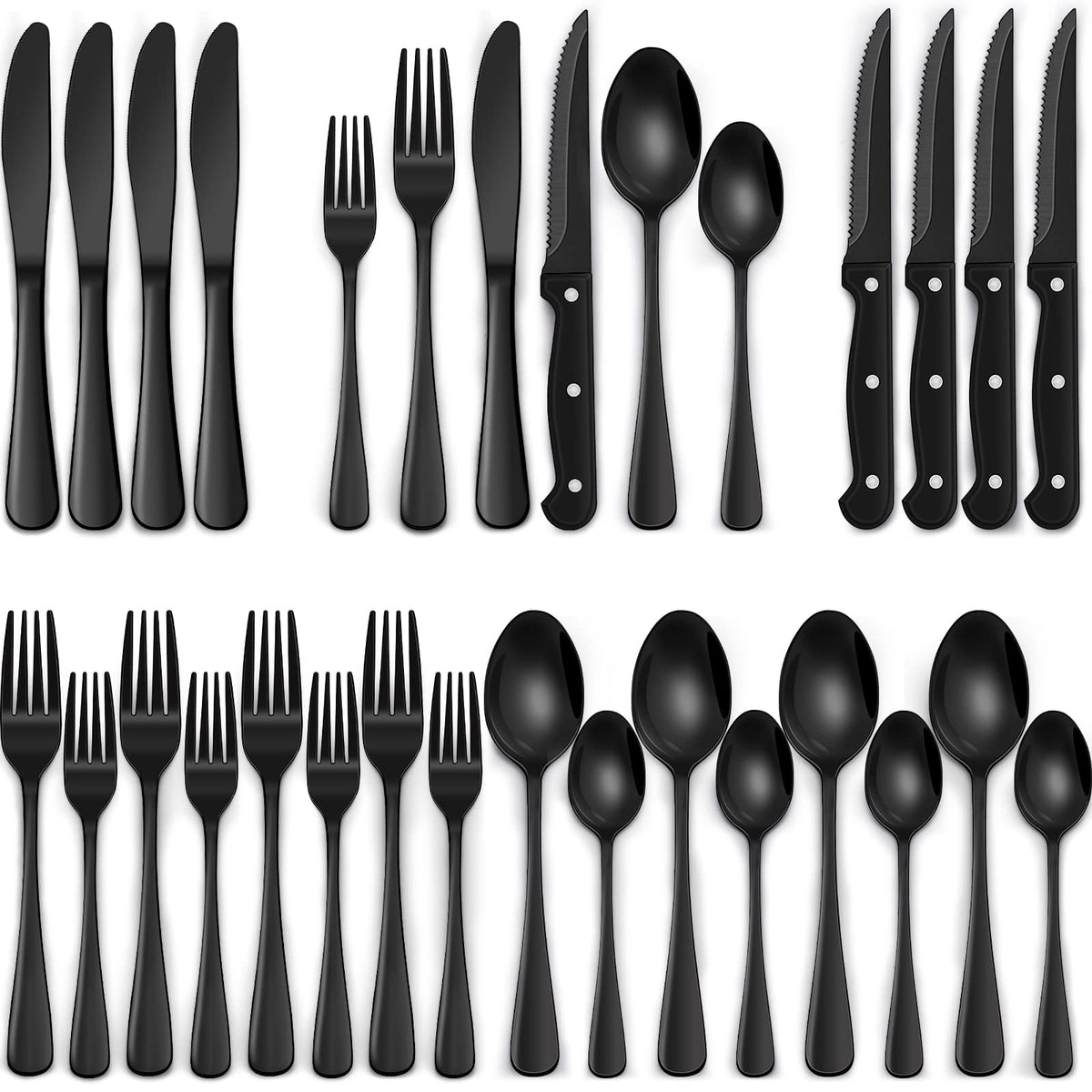 EWFEN set cubiertos negro 24 piezas para cuatro, ideal para cenas diarias