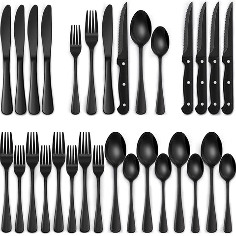 EWFEN set cubiertos negro 24 piezas para cuatro, ideal para cenas diarias