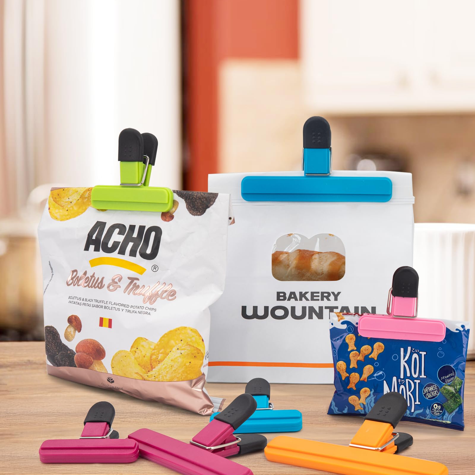 Clips para bolsas EWOID en colores distintos para identificar sellos.