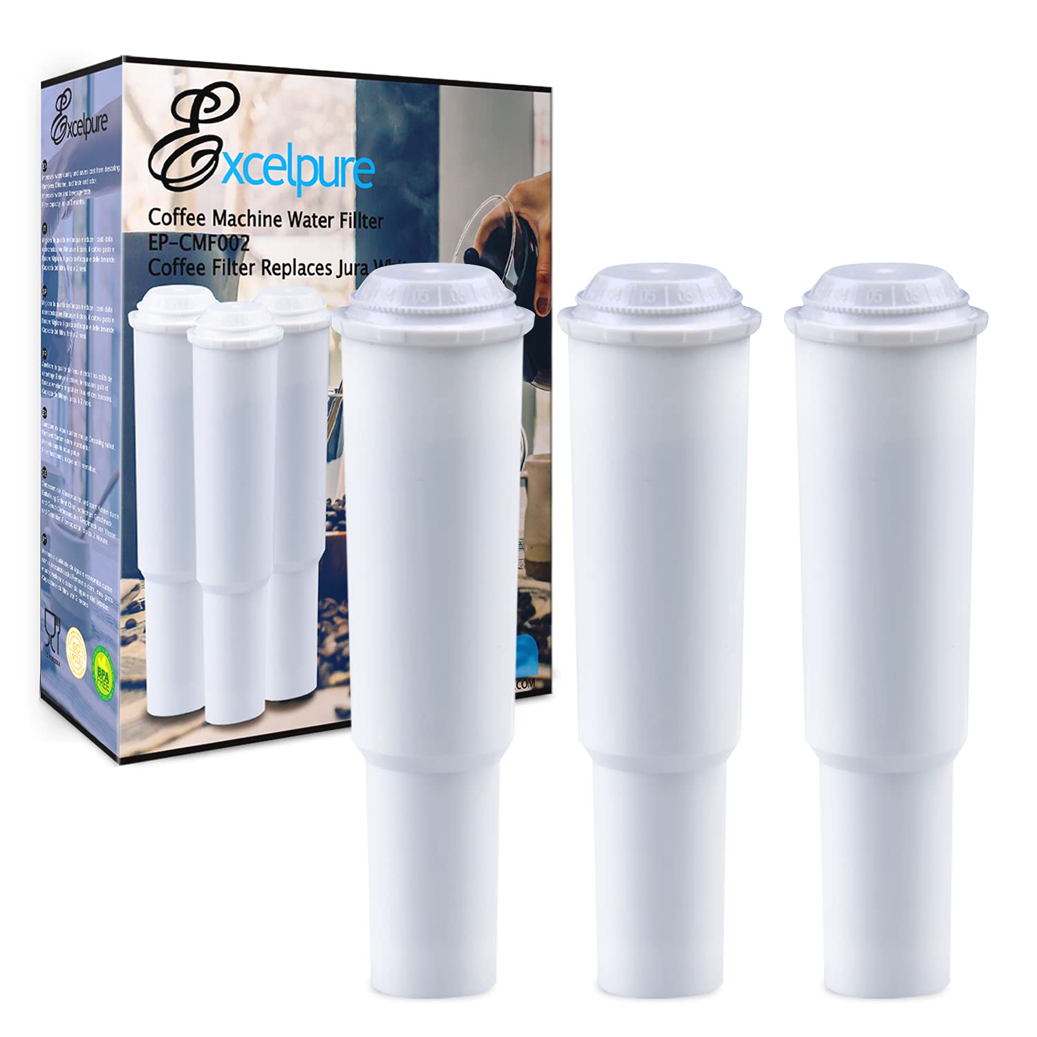 EXCELPURE filtro de agua para máquina de café, conjunto de tres, mejora claridad y sabor.