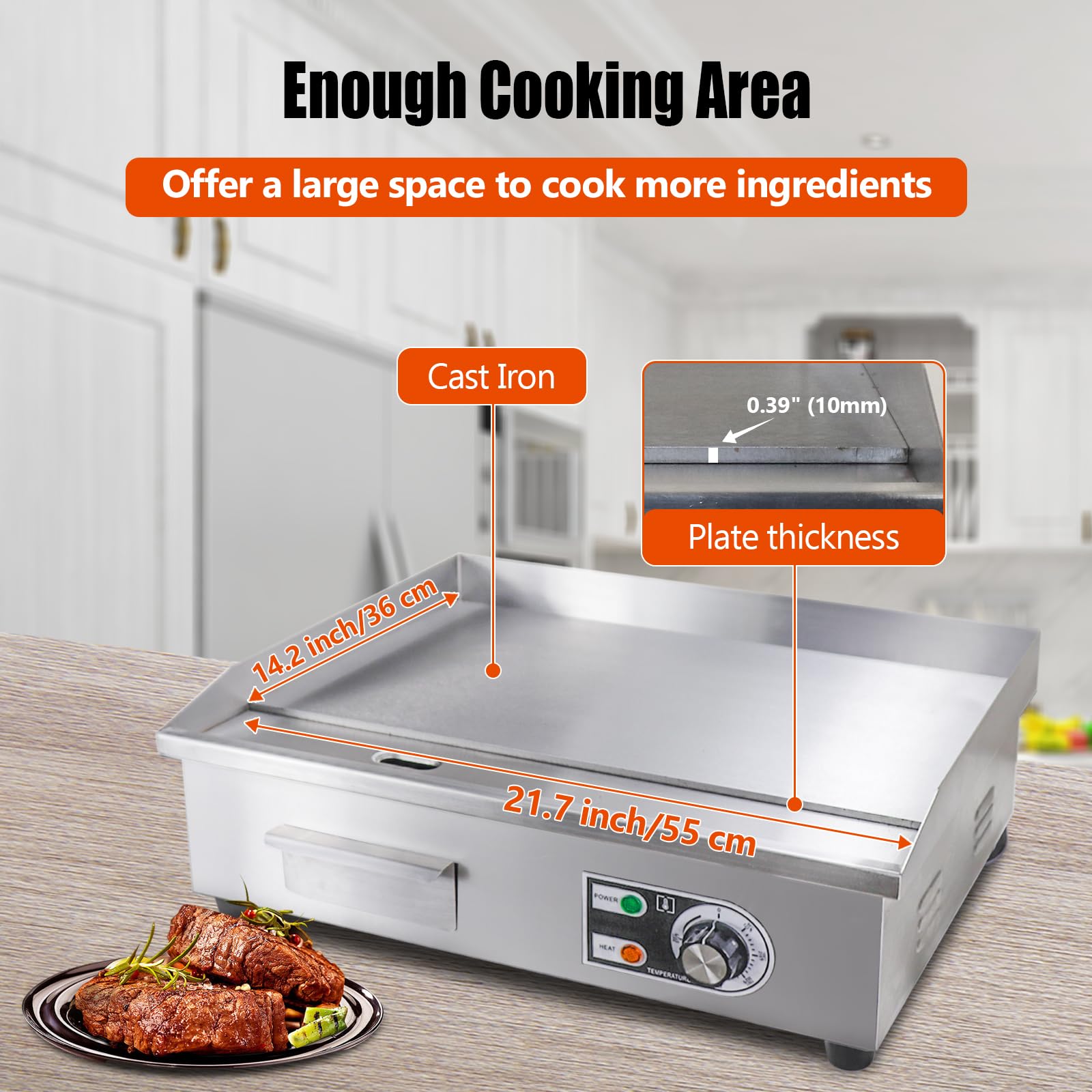 ExGizmo plancha, control de temperatura ajustable para adaptar recetas con precisión.
