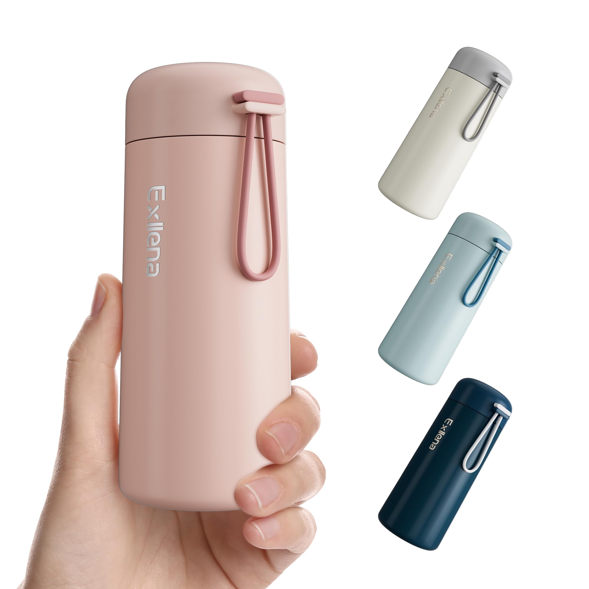 Exllena botella 8 oz rosada con asa portátil, ideal para llevar en bolso.