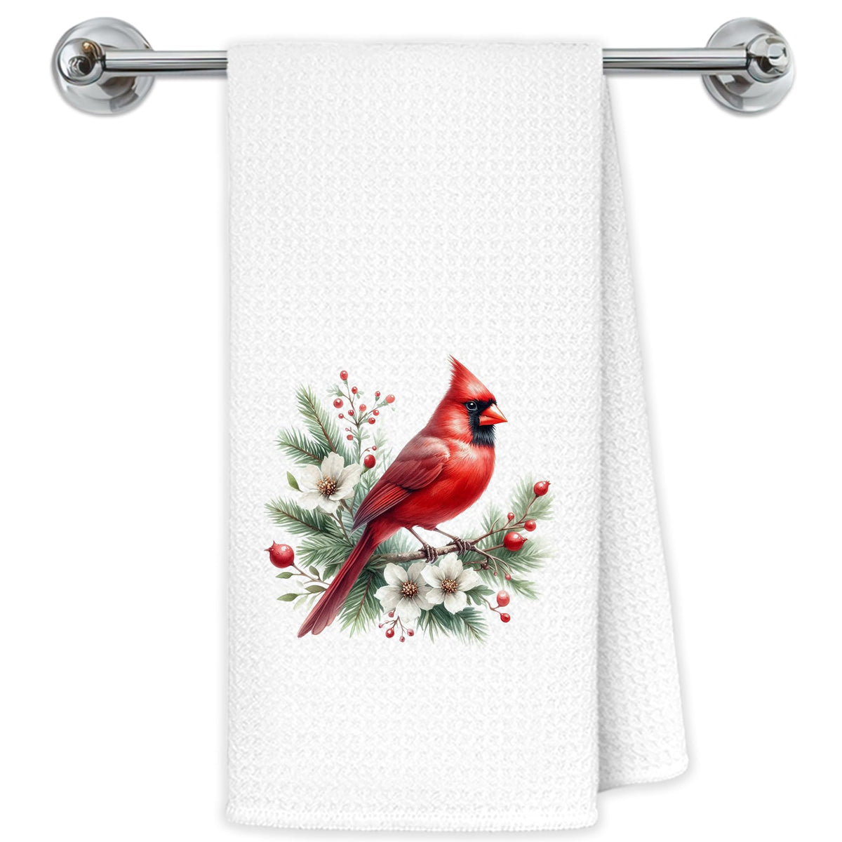 Toalla de cocina Exqcom frente con cardenal navideño para decoración festiva.