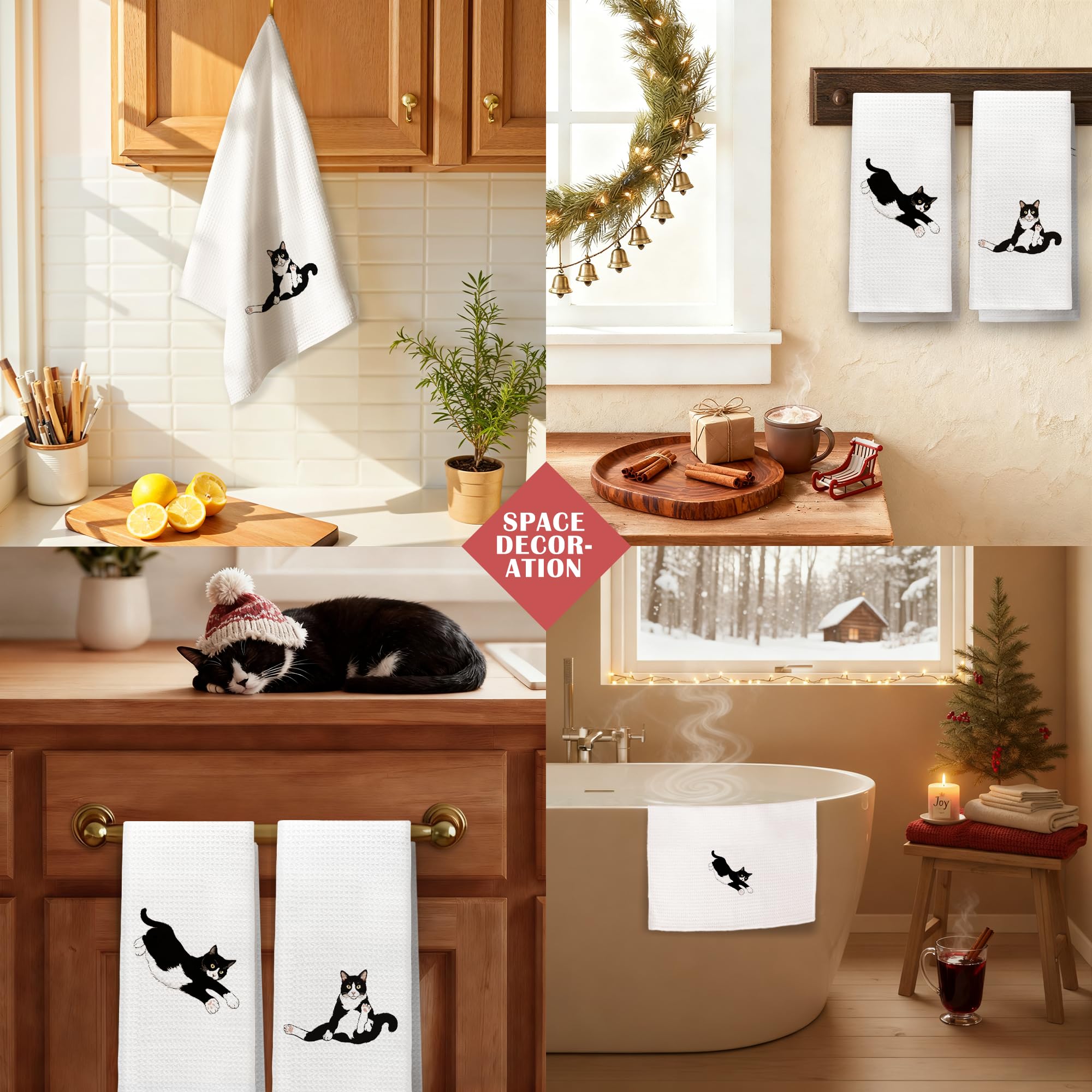 Exqcom toallas gato tuxedo, uso diario en cocinas y baños.
