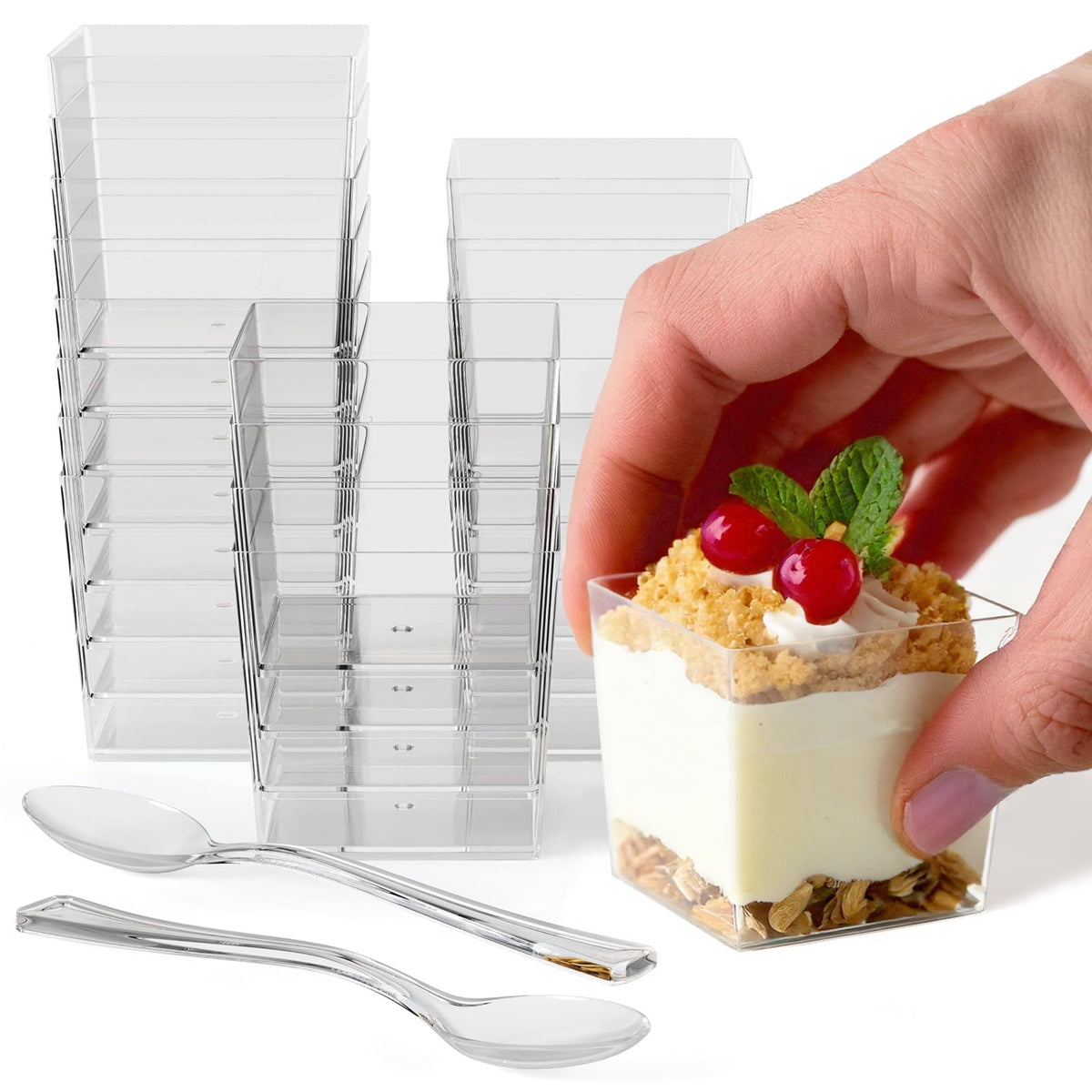 Copas postre mini cuadradas Exquisite, elegantes y desechables para eventos.
