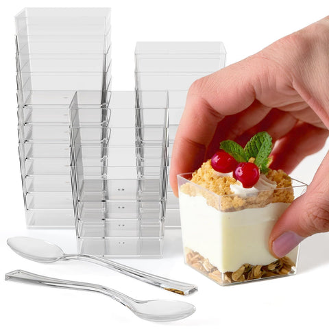 Copas postre mini cuadradas Exquisite, elegantes y desechables para eventos.