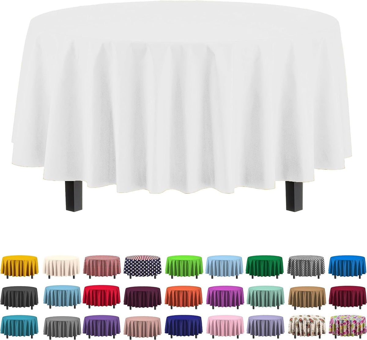 Mantel Exquisite plástico redondo 84 in con protección para mesa en fiestas.