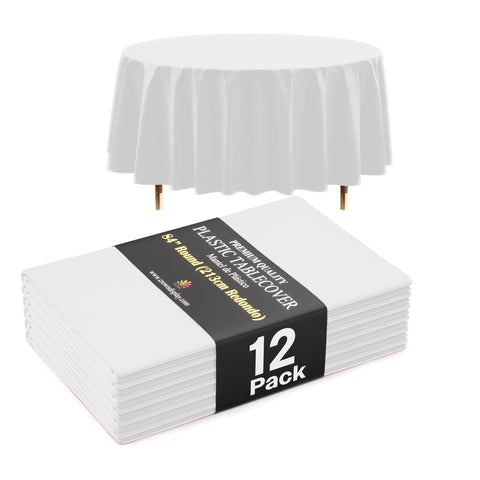 Mantel plástico redondo blanco Exquisite, 84 pulgadas, mayor grosor para durabilidad.
