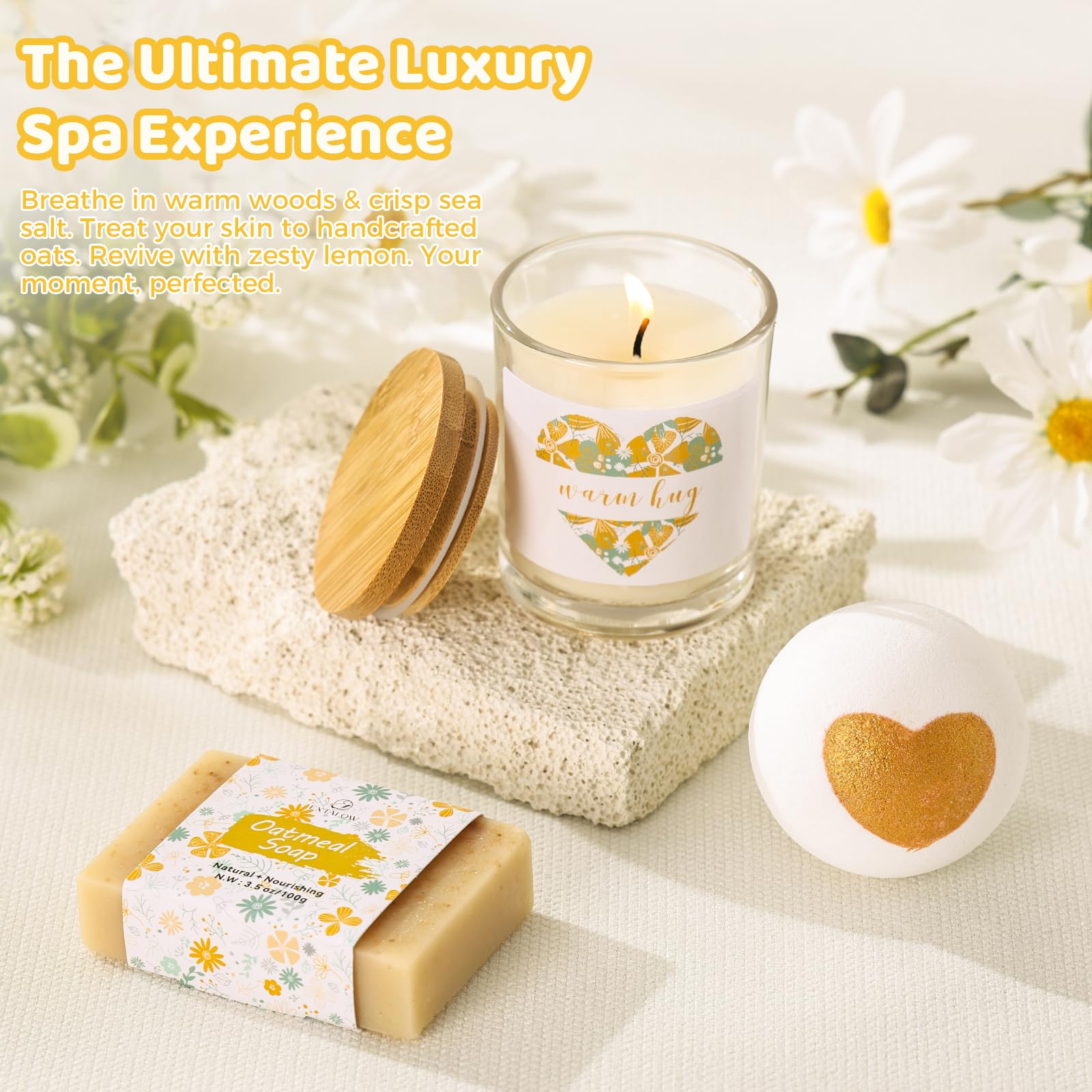 Vela de soya perfumada, crea ambiente cálido y relajante.