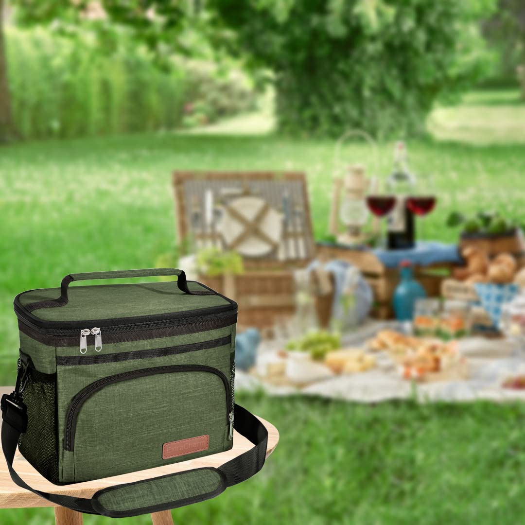 Extracharm bolsa aislada verde, doble cremallera reforzada, fácil de abrir y cerrar.