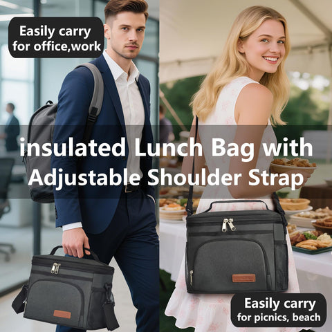 ExtraCharm Bolso Térmico para Almuerzo - Aislado, Reutilizable, Correa Ajustable - Negro