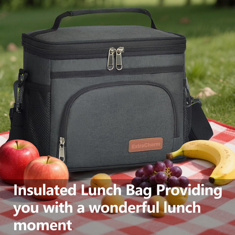 ExtraCharm Bolso Térmico para Almuerzo - Aislado, Reutilizable, Correa Ajustable - Negro